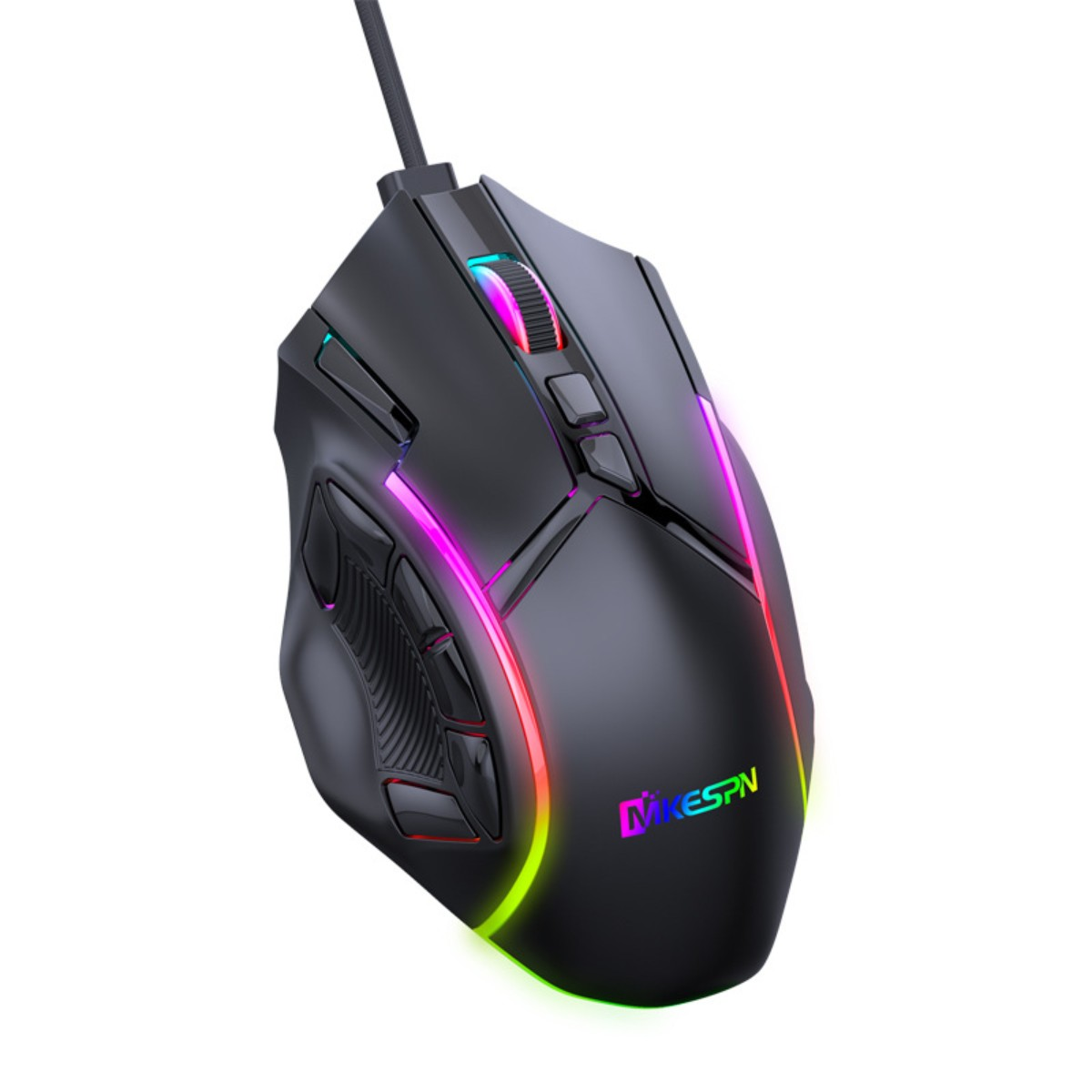 Schwarze Gaming-Maus mit RGB-Beleuchtung. Sie hat Tasten und ein Kabel.