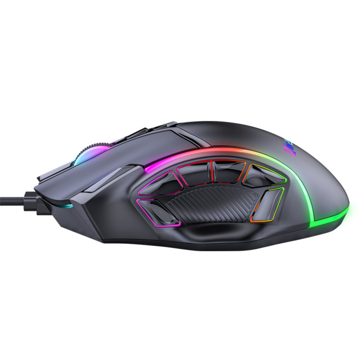 Schwarze Gaming-Maus mit RGB-Beleuchtung. Seitenansicht, Regenbogenbeleuchtung. Weißer Hintergrund.
