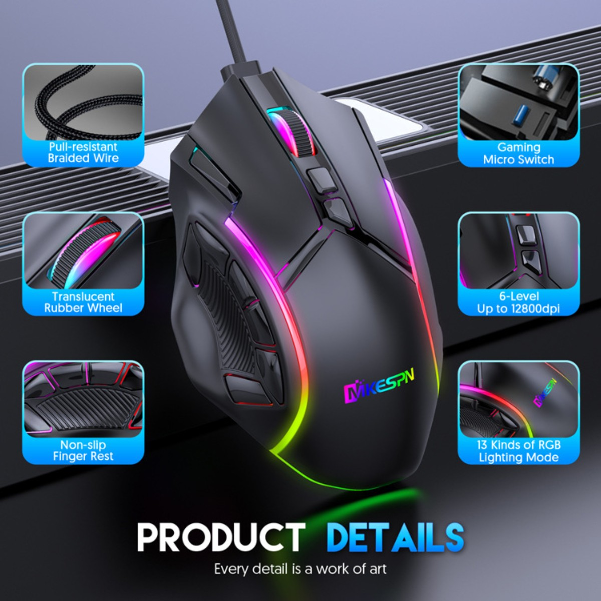 Schwarze Gaming-Maus mit RGB-Beleuchtung und Funktionen.