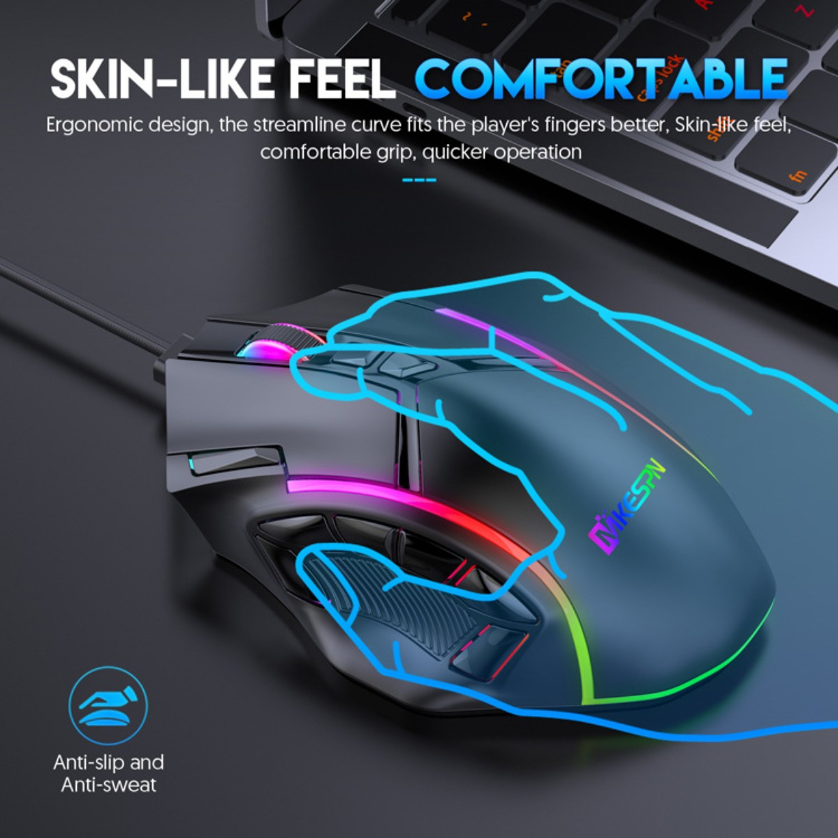 Schwarze Gaming-Maus mit RGB-Beleuchtung, Handumriss und Anti-Rutsch-Funktionen.