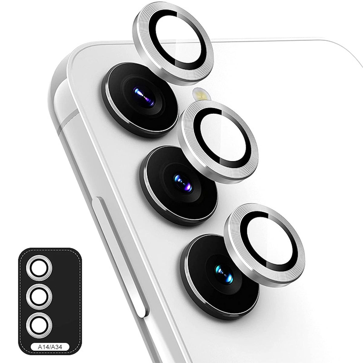 Primo piano di un telefono con protezioni per lenti della fotocamera. Ci sono tre lenti. Protezione aggiuntiva sul lato.