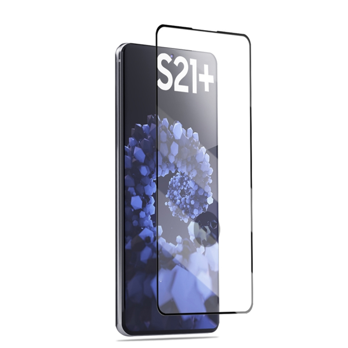 Uno smartphone con una protezione per lo schermo applicata. Lo schermo mostra uno sfondo colorato e il testo S21+.
