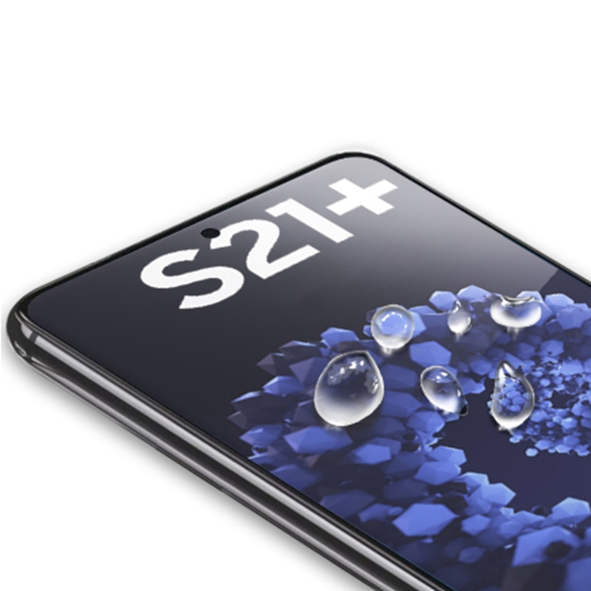 Primo piano di un telefono Samsung S21+ nero con gocce d'acqua sullo schermo.
