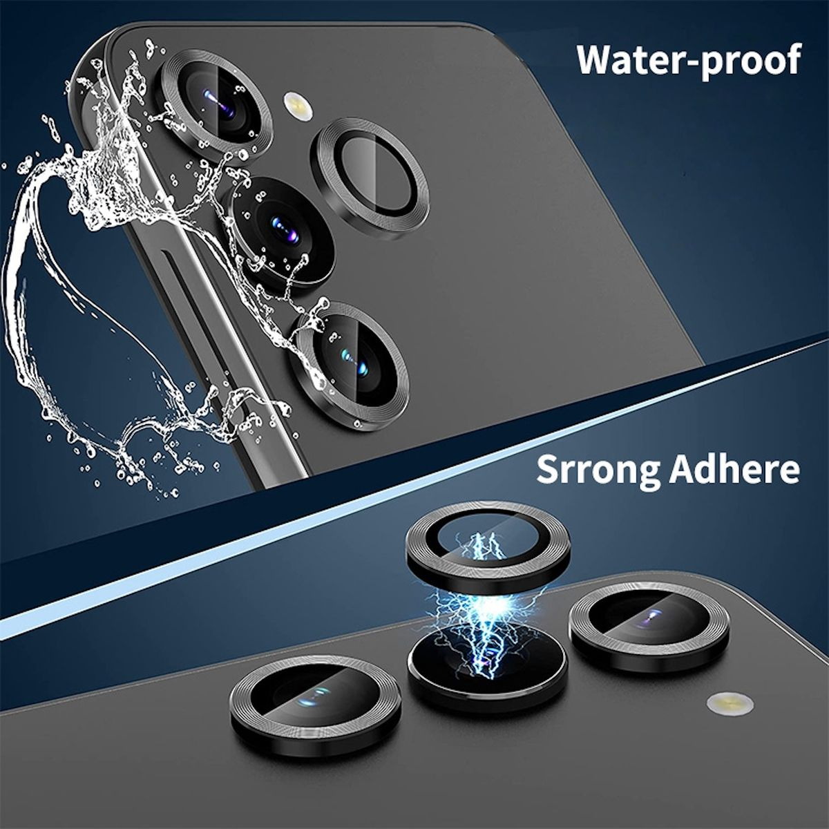 Primo piano di un telefono con lenti della fotocamera, spruzzi d'acqua e testo 'Water-proof' e 'Strong Adhere'.