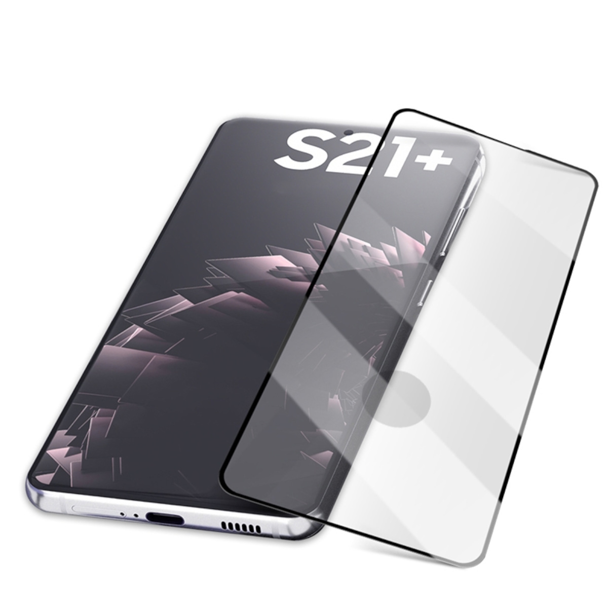Telefon mit Displayschutz. S21+ Text wird auf dem Bildschirm angezeigt. Ein klarer Displayschutz daneben.
