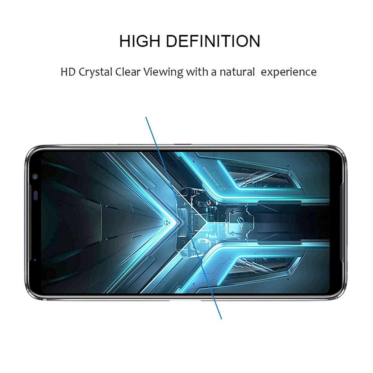 Ein Smartphone mit blauem und schwarzem Design. Der Bildschirm zeigt eine futuristische Grafik.