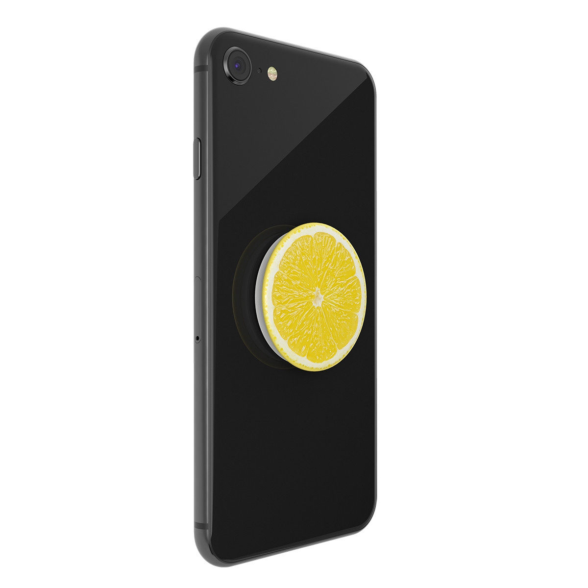 Un smartphone negro con un PopSocket de rodaja de limón, mostrando la parte trasera.