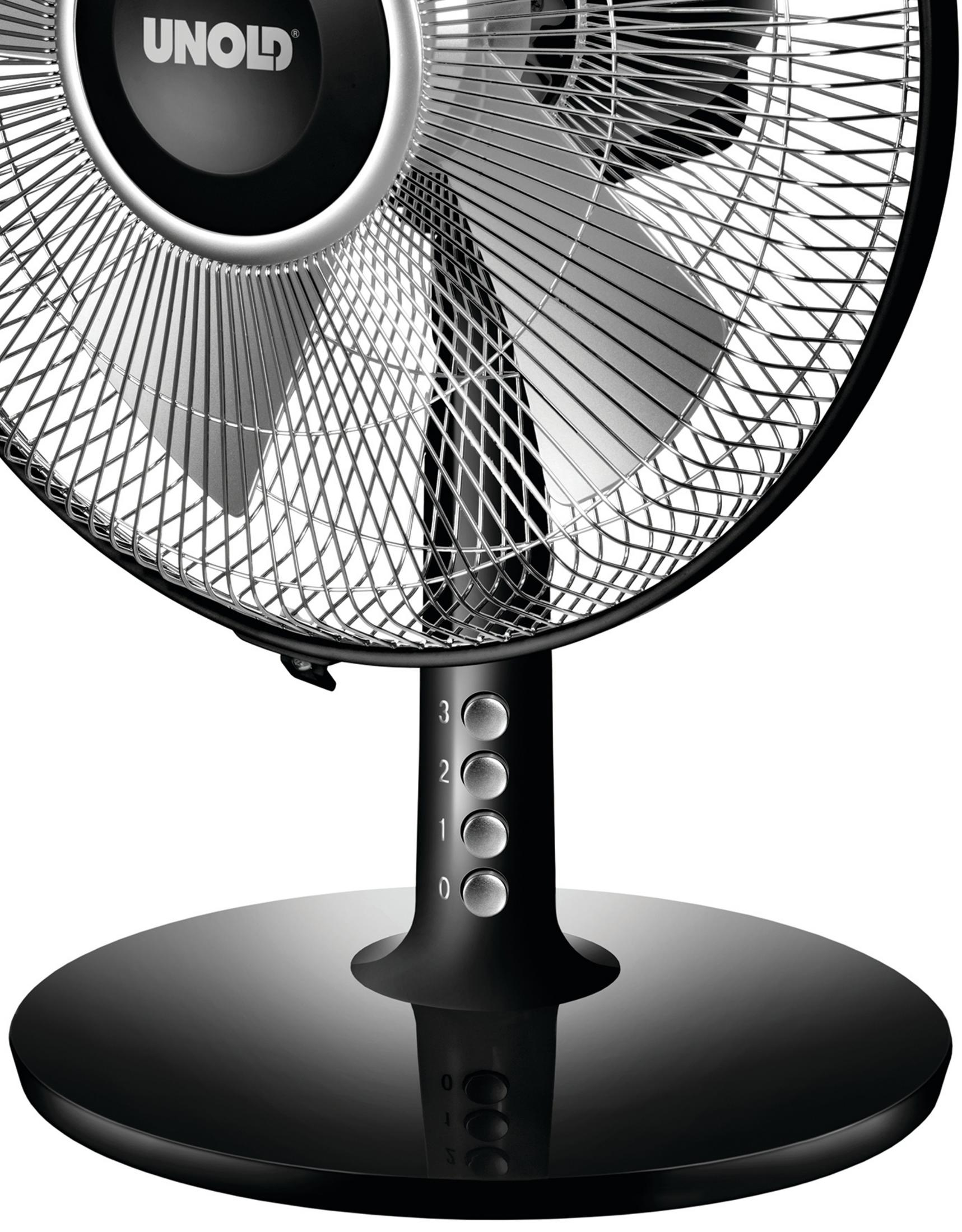 Schwarzer Unold-Ventilator mit silbernem Gitter, drei Geschwindigkeitstasten und schwarzem Sockel, weißer Hintergrund.