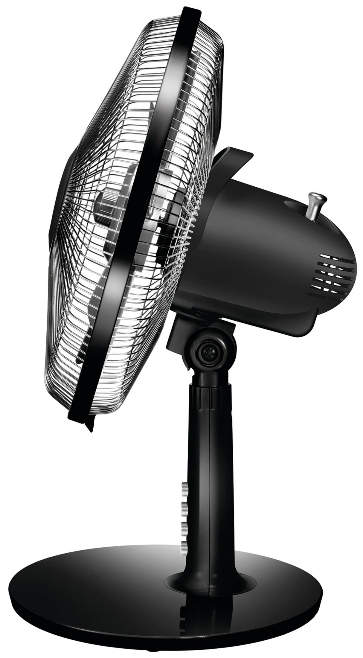Schwarzer oszillierender Ventilator, Seitenansicht. Käfig, stabiler Standfuß.