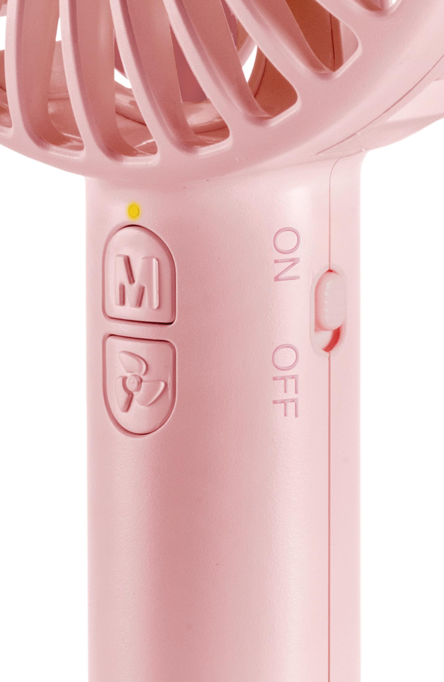 Nahaufnahme eines rosa Ventilators mit Knöpfen und einem Schalter für Strom und Modus.