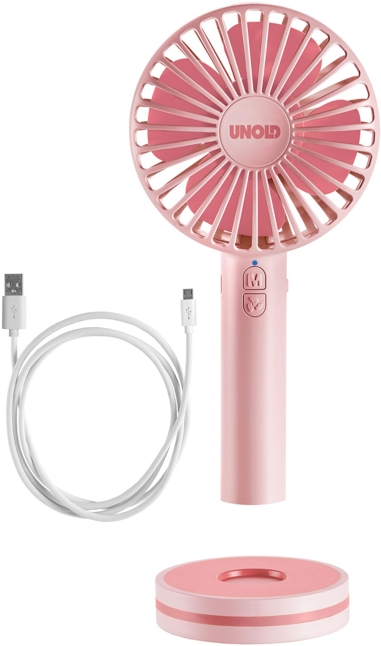 Rosa Handventilator mit Ständer und Ladekabel. Auf weißem Hintergrund.
