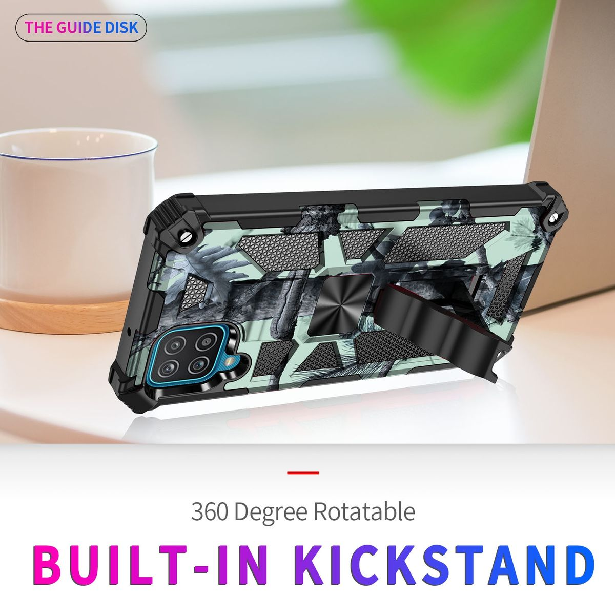Eine Handyhülle mit Ständer, mit gemustertem Design, auf einem Tisch. Text sagt 'Built-in Kickstand'.
