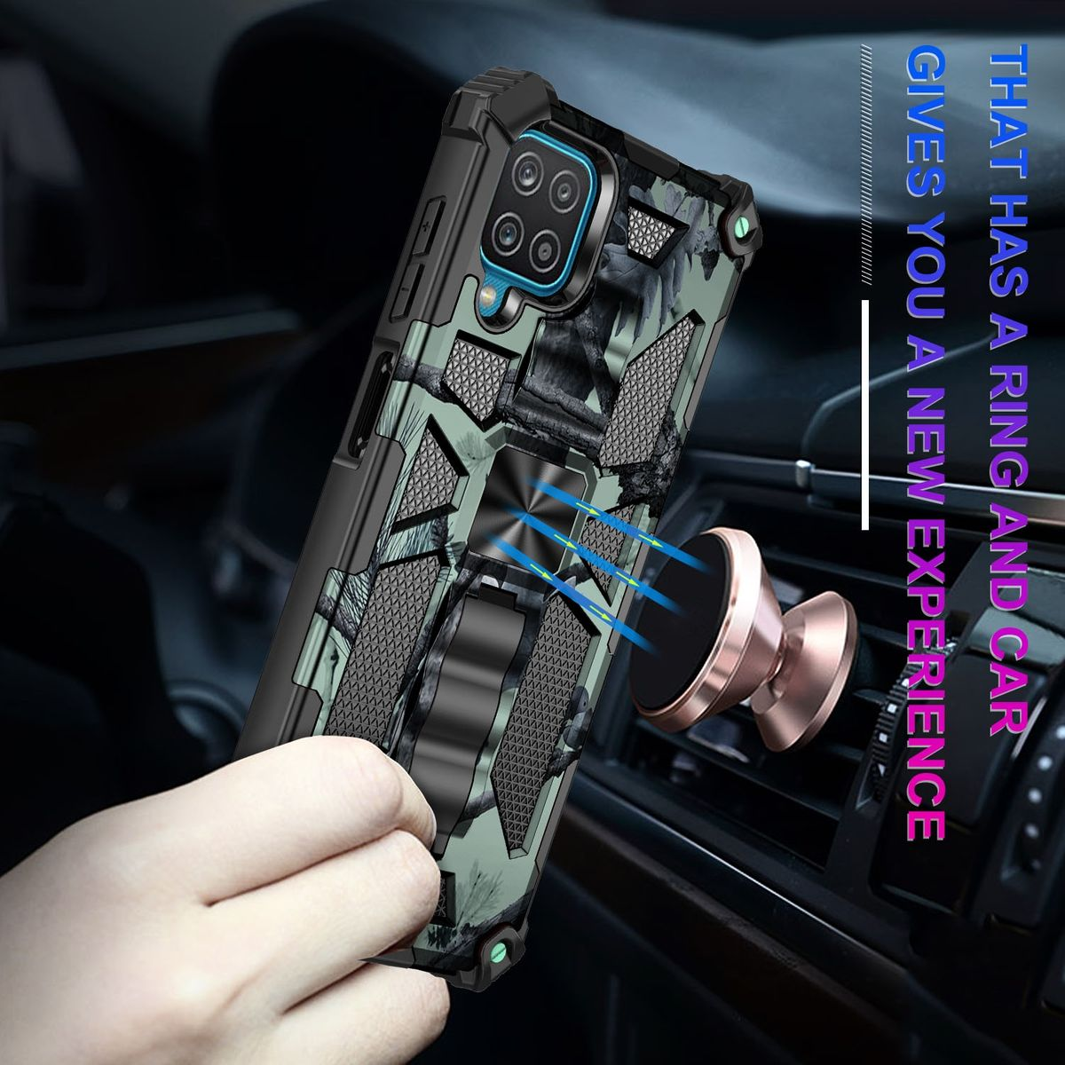Handyhülle im Auto. Die Hülle hat einen Ständer und ist an einem Magneten befestigt.
