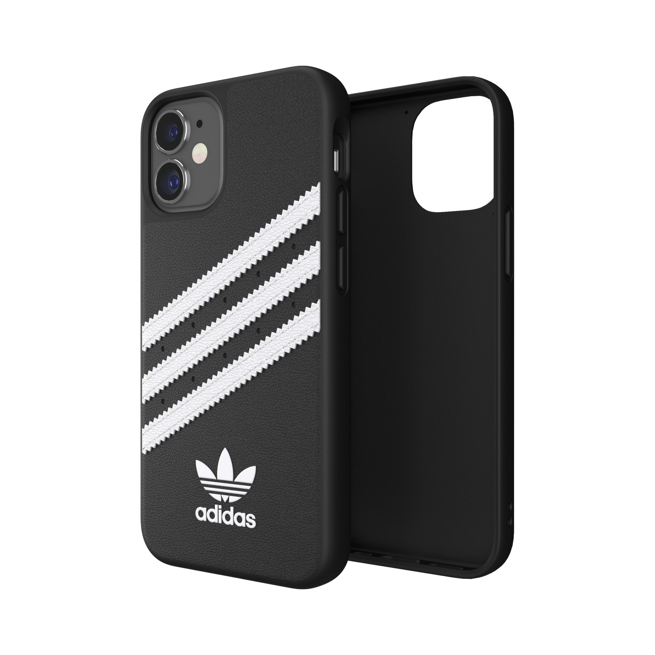 Schwarze Handyhülle mit Adidas-Logo und Streifen, zeigt das Design der Marke.