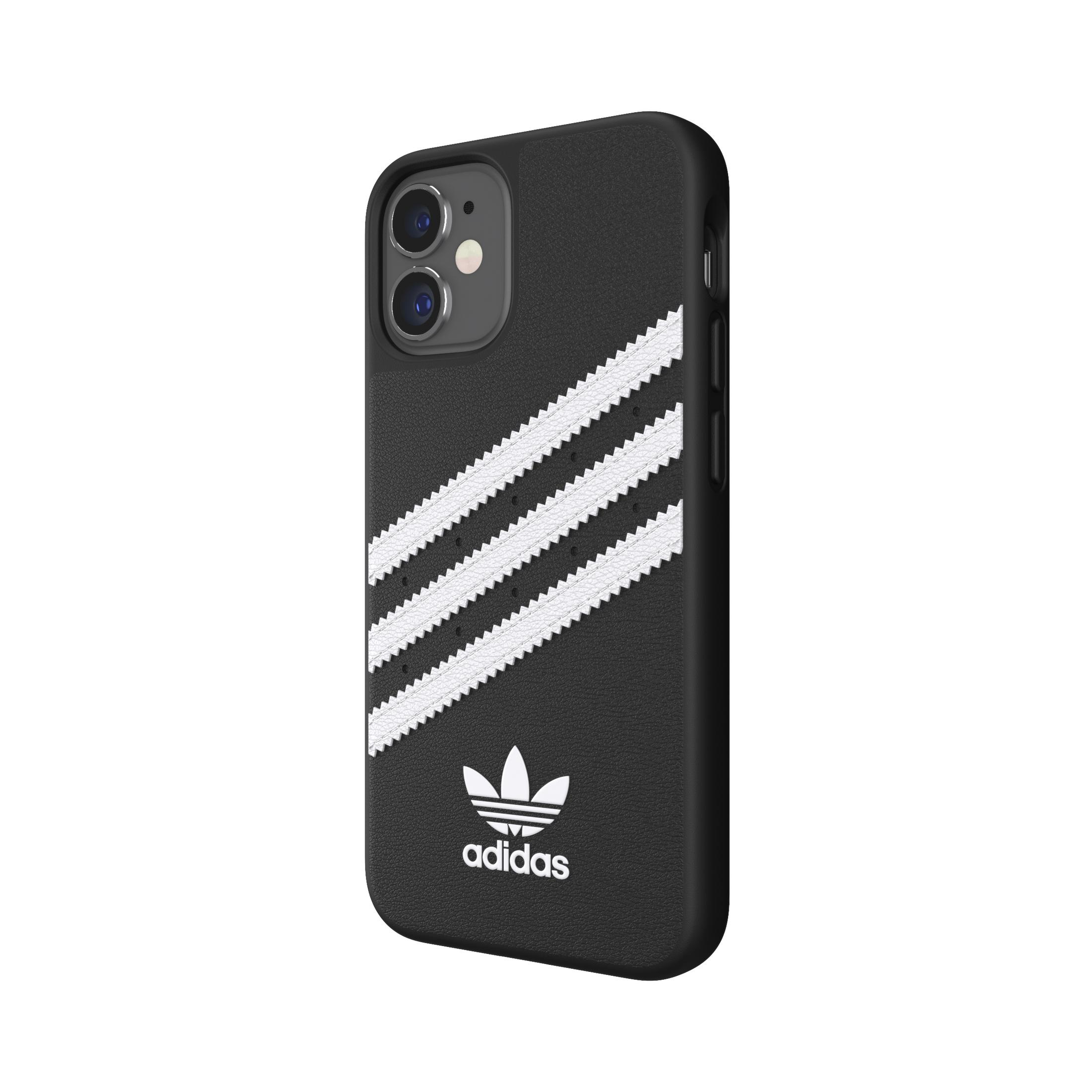 Schwarze Handyhülle mit drei weißen Streifen und dem Adidas-Logo. Es bedeckt die Rückseite des Telefons.
