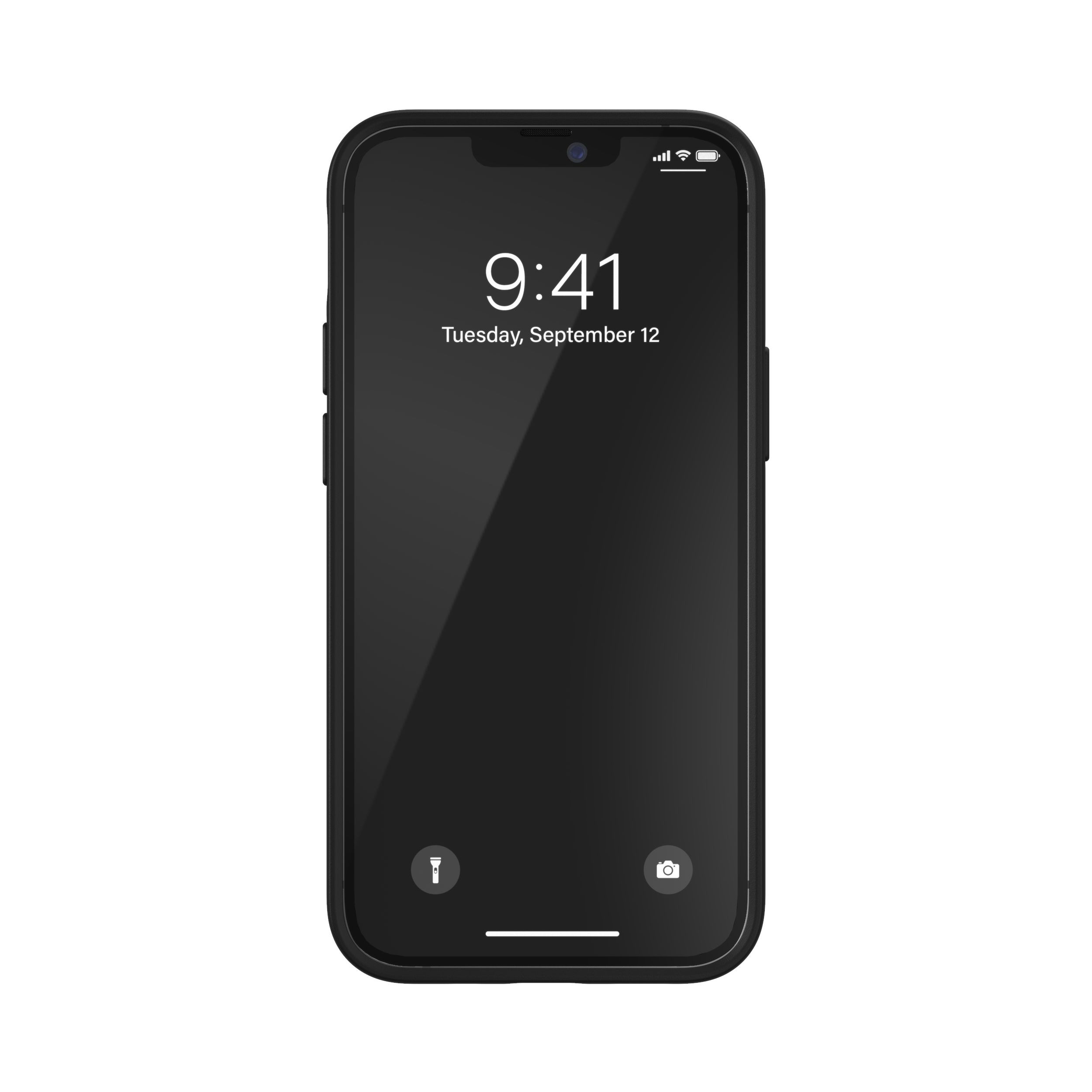 Schwarzes Telefon mit schwarzem Gehäuse. Die Uhrzeit auf dem Bildschirm ist 9:41.