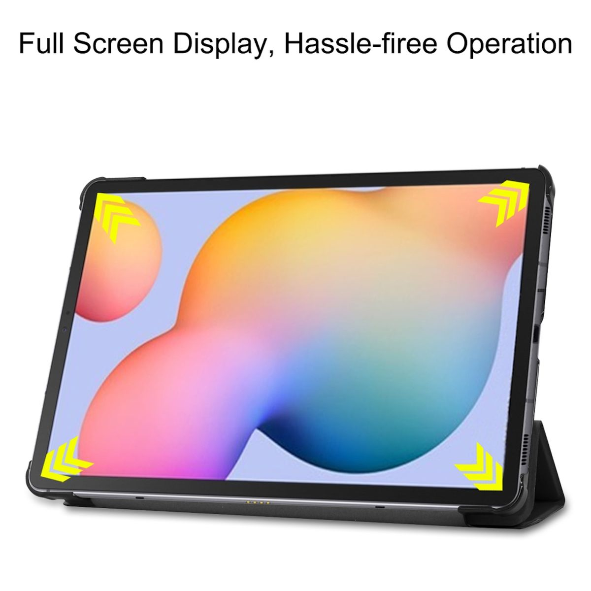 Tablet mit farbenfrohem Bildschirm und schwarzem Gehäuse, mit Pfeilen an Ecken.