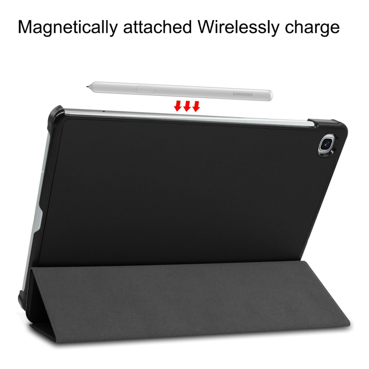 Ein Tablet mit schwarzem Etui und Stift. Das Etui ist offen, der Stift ist magnetisch befestigt.