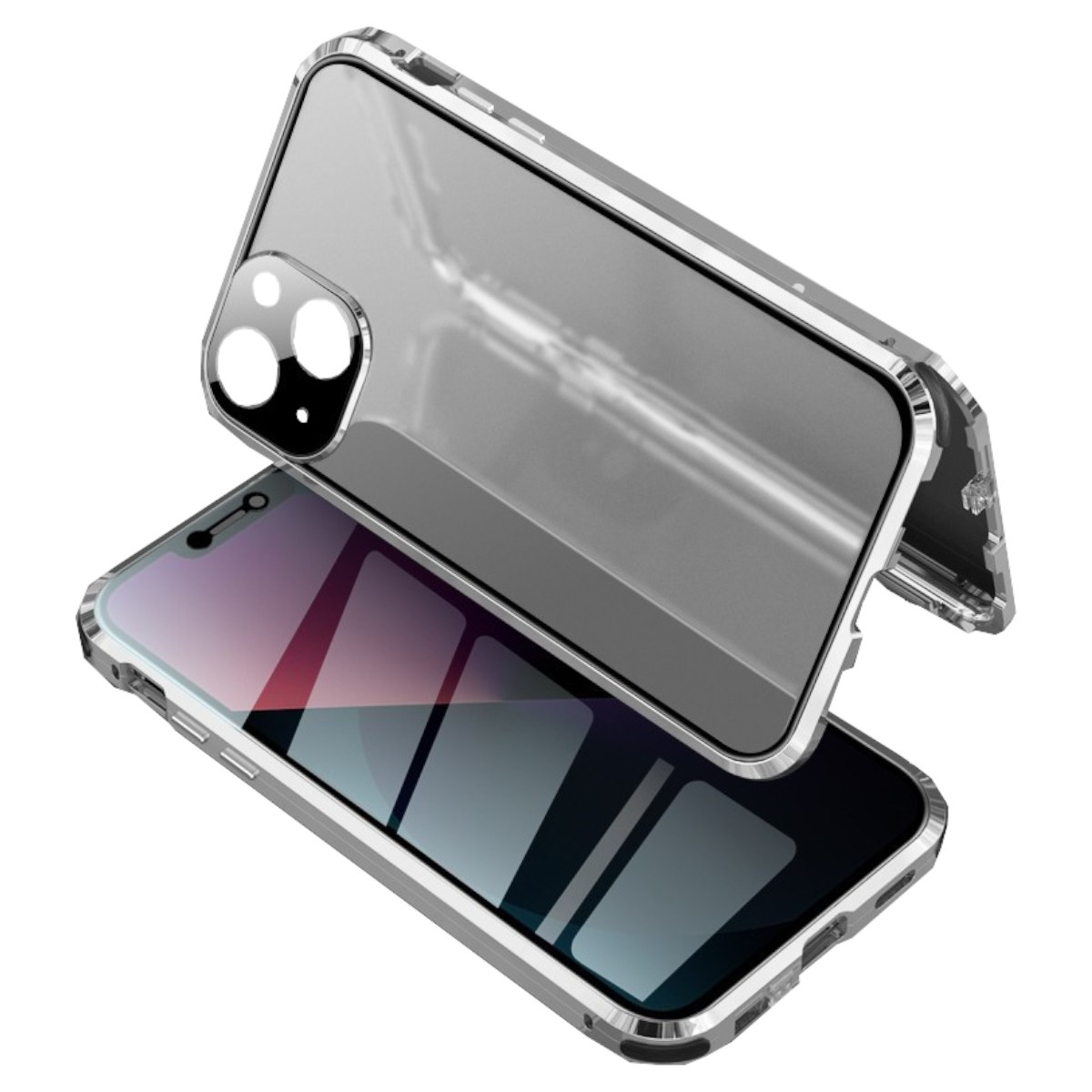 iPhone / Grad Full Silber Privacy 360 Glas Cover, Mirror WIGENTO Apple, Magnet 13, Hülle,