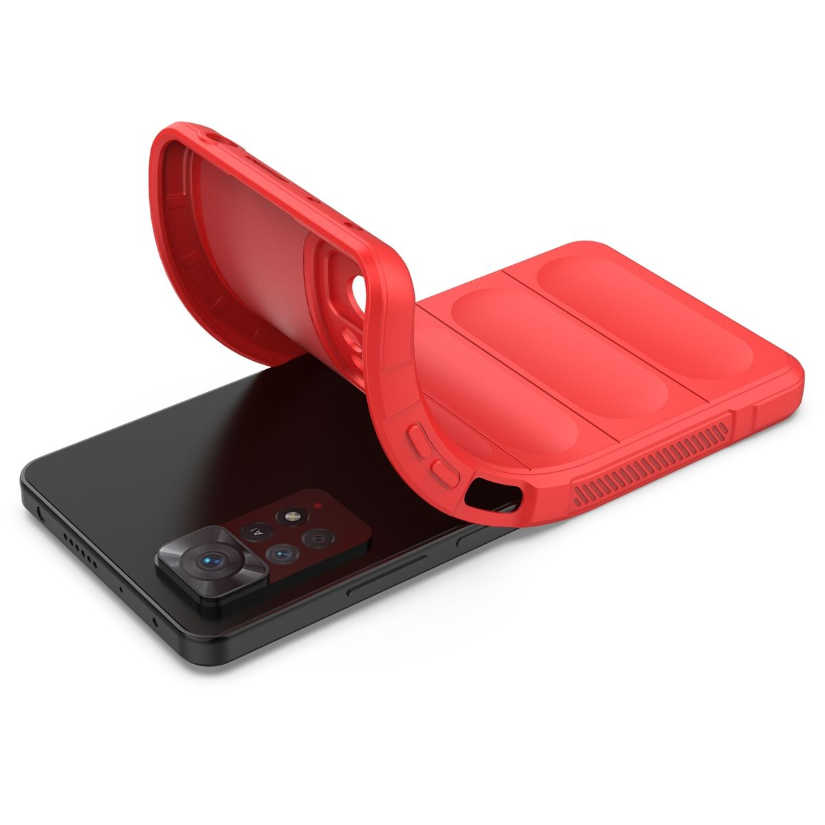 Rote Handyhülle wird von einem schwarzen Smartphone abgezogen. Das Telefon hat Kameralinsen.