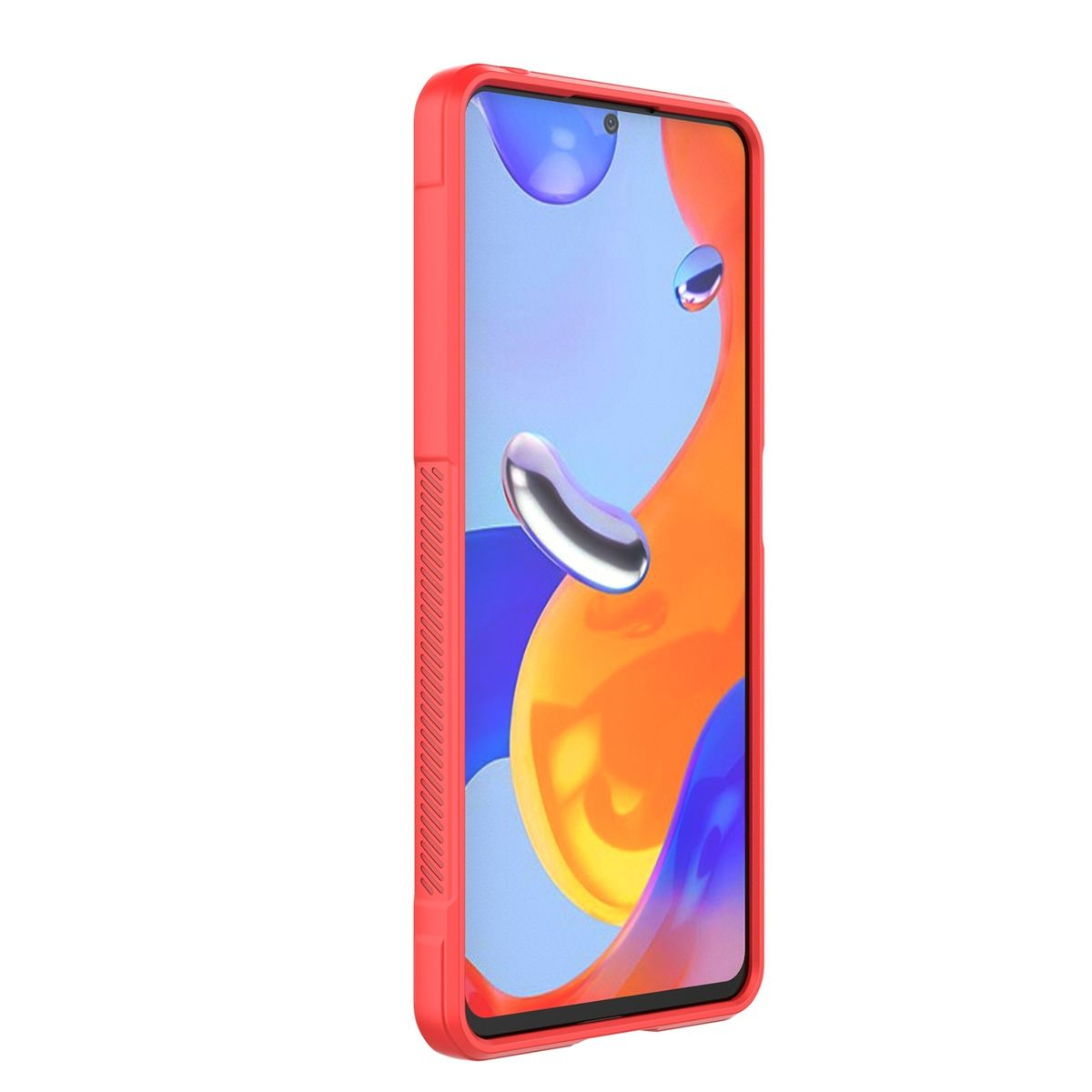 Eine rote Handyhülle mit einem Telefonbildschirm, der eine blaue und orange Grafik zeigt.