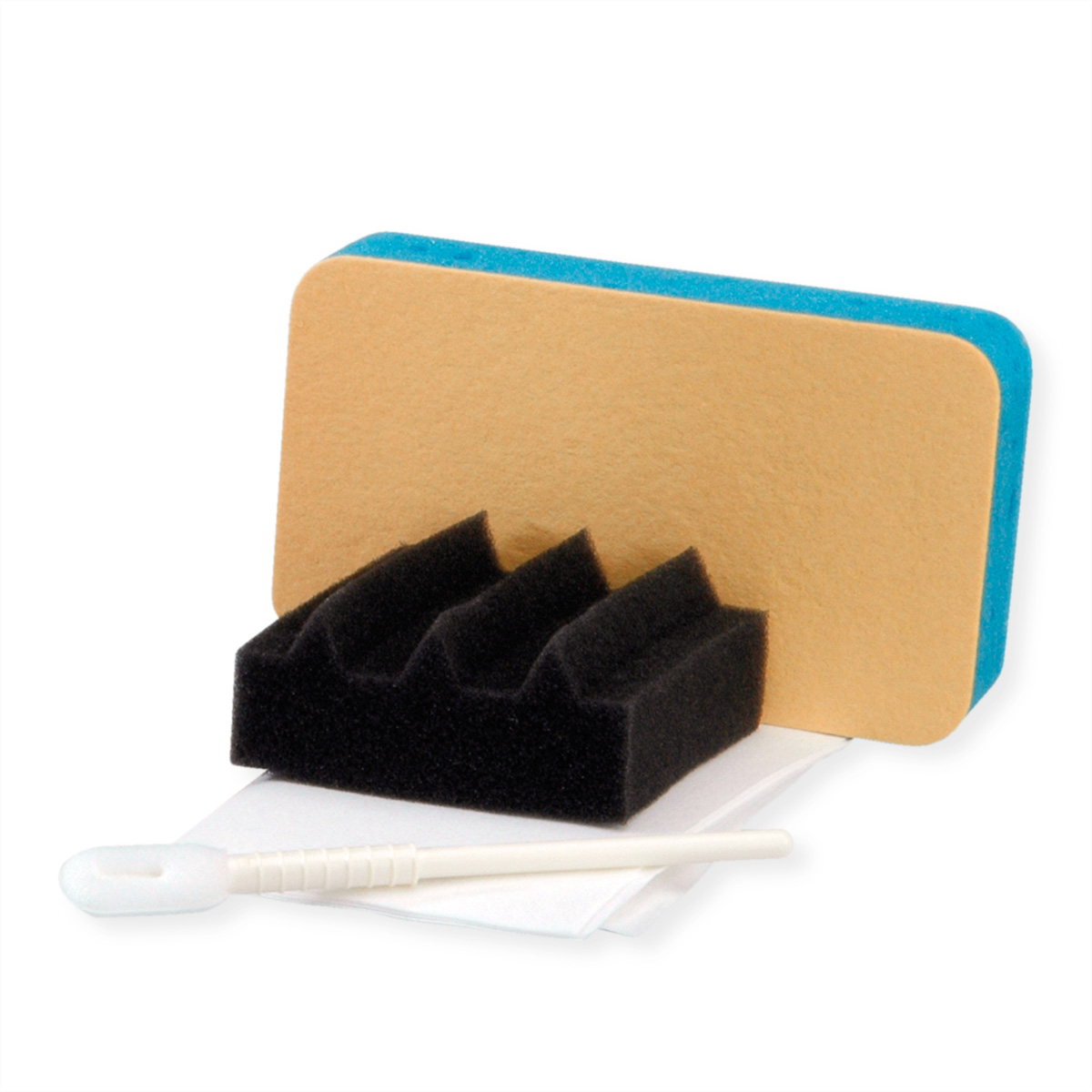 Zestaw do czyszczenia z czarną gąbką, żółtą podkładką, niebieską podkładką i białym aplikatorem.