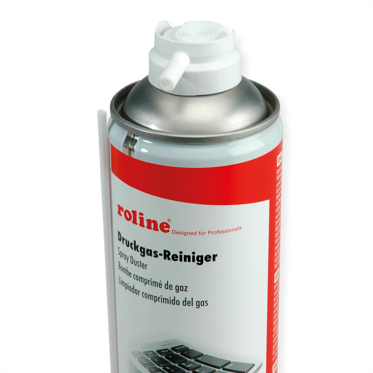 Zbliżenie puszki z aerozolem z napisem 'Druckgas-Reiniger'. To produkt Roline dla profesjonalistów.