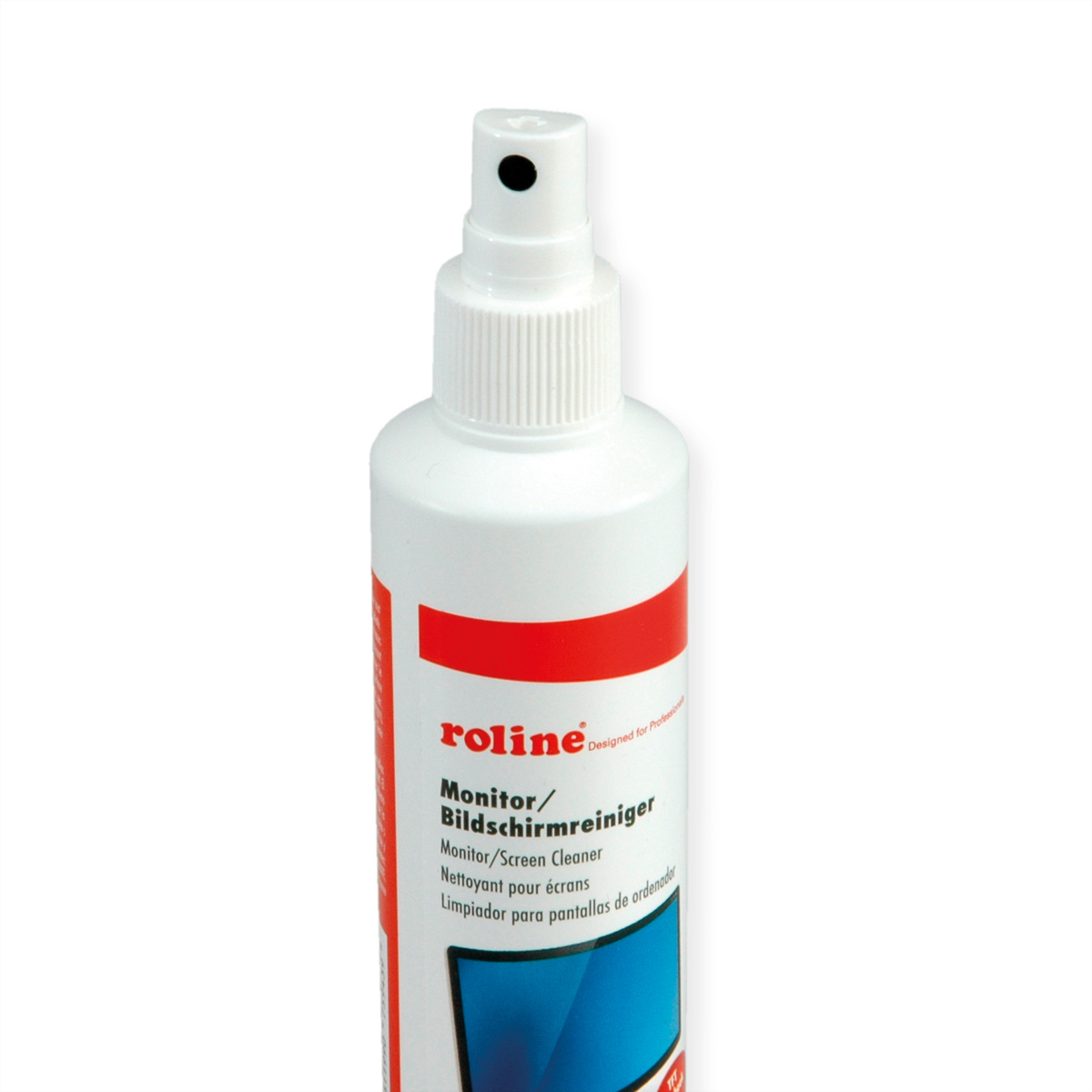 Biała butelka roline monitor/screen cleaner, z czarną dyszą rozpylającą.