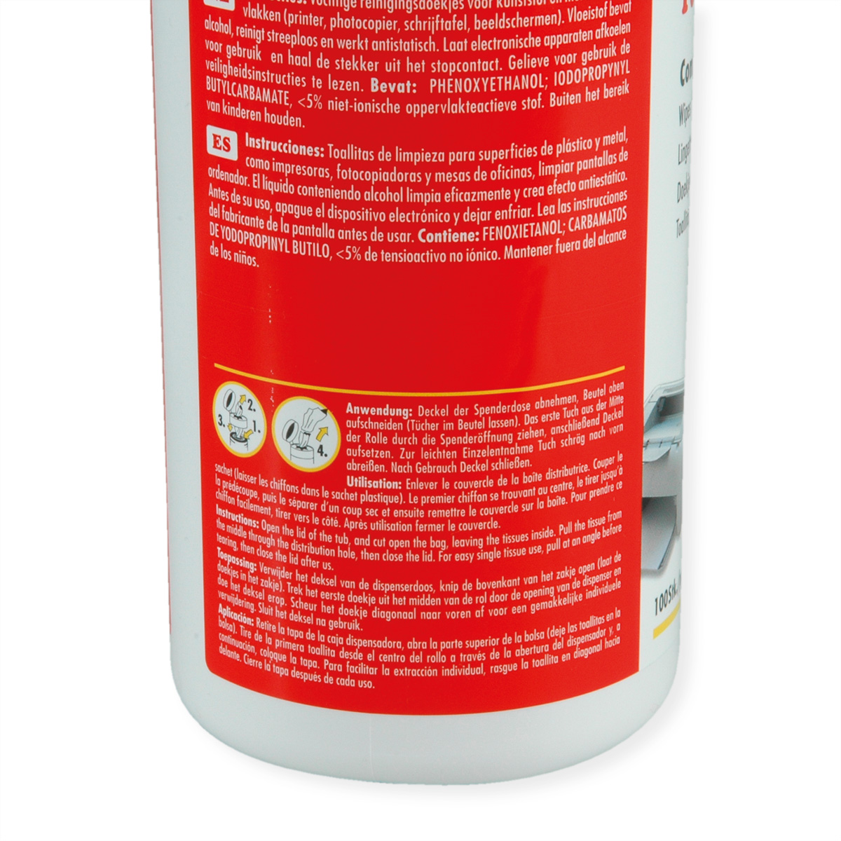 Zbliżenie etykiety produktu. Zawiera tekst w wielu językach z instrukcjami i ostrzeżeniami.