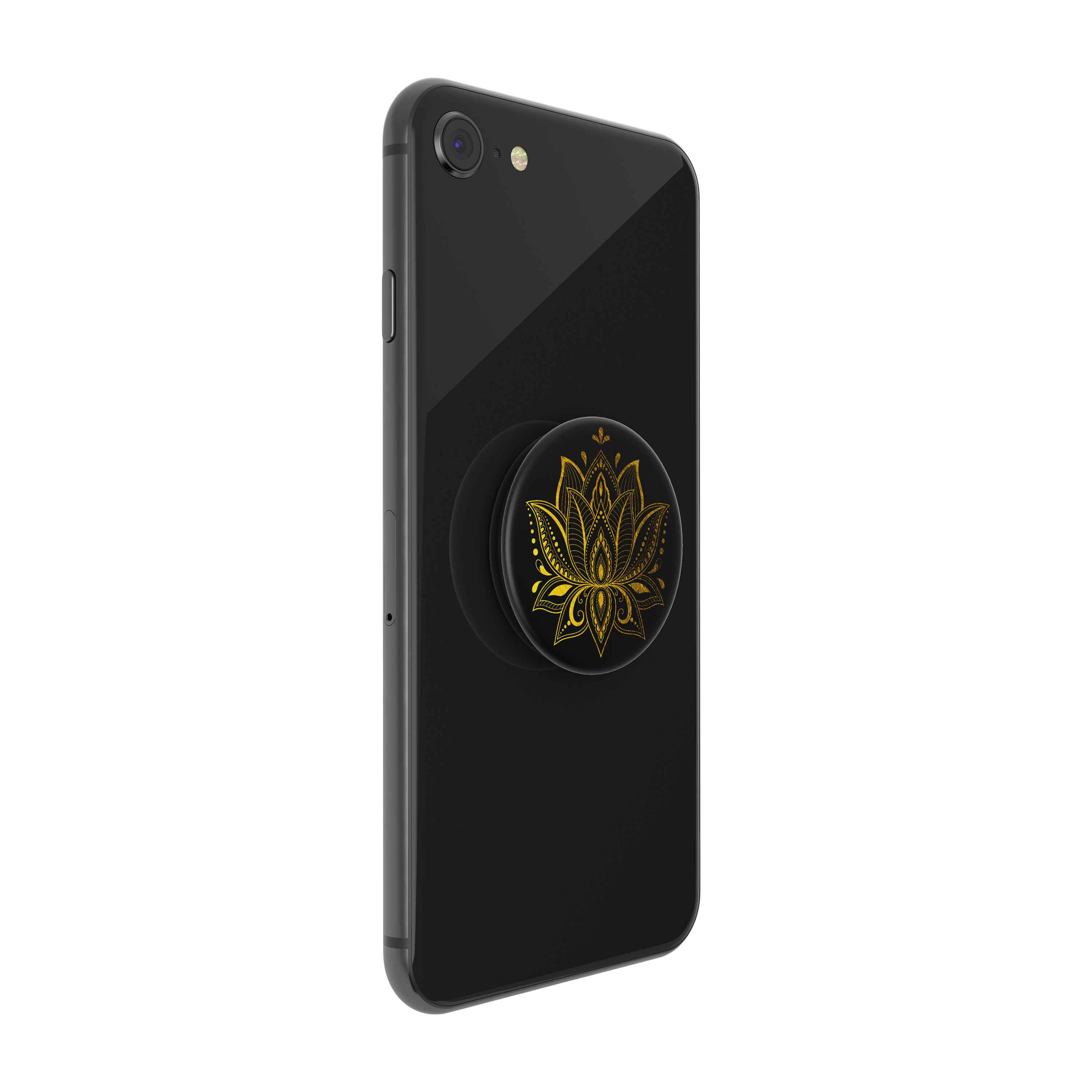 Schwarzes Telefon mit goldenem Lotus-PopSocket. Das Telefon ist schwarz, der Hintergrund weiß.