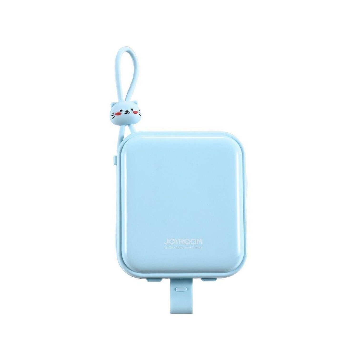Hellblaue, quadratische Powerbank mit Katzendesign und Schlaufe. Es hat einen Ladeanschluss.