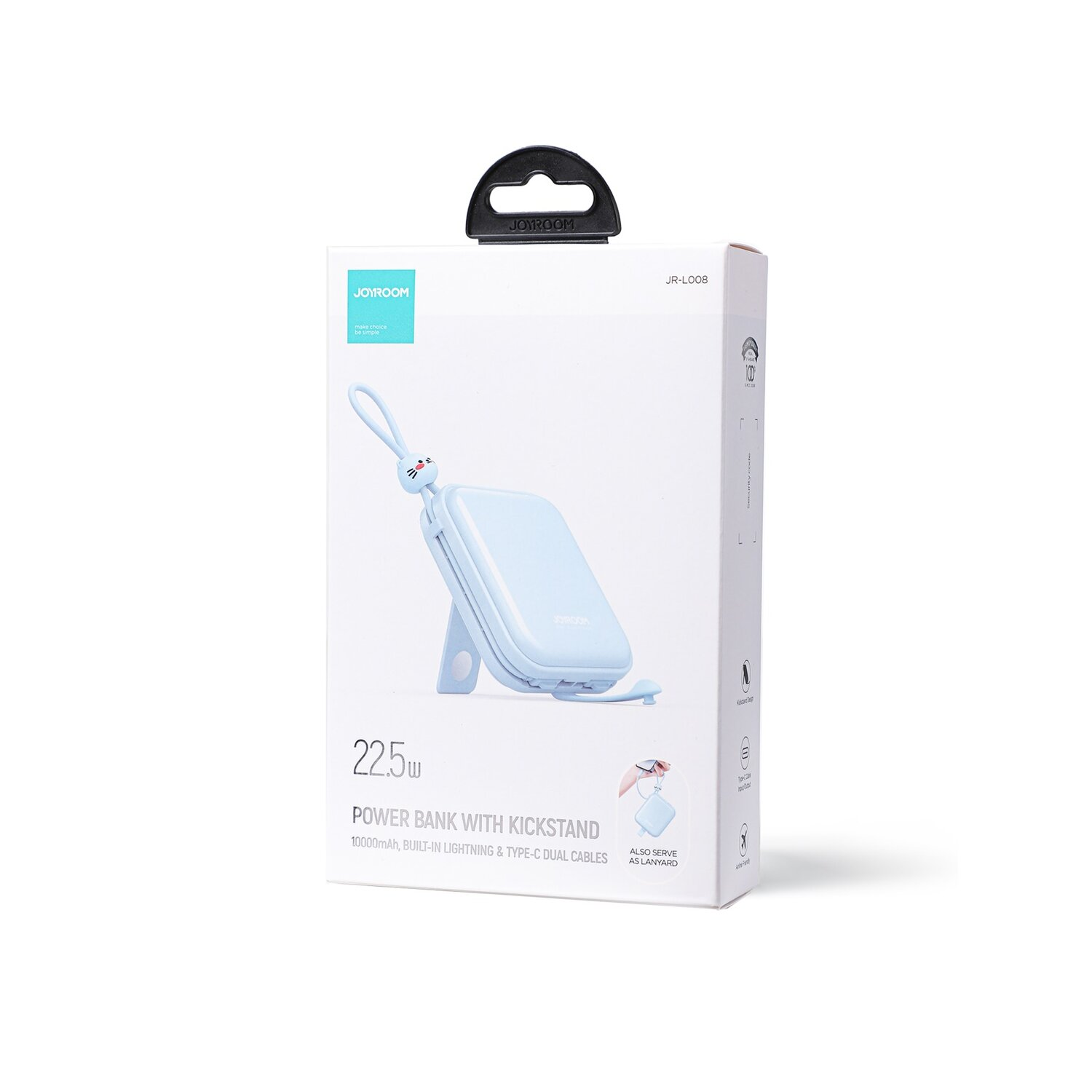 Eine Schachtel mit einer Powerbank, Kabeln und einem niedlichen Design.