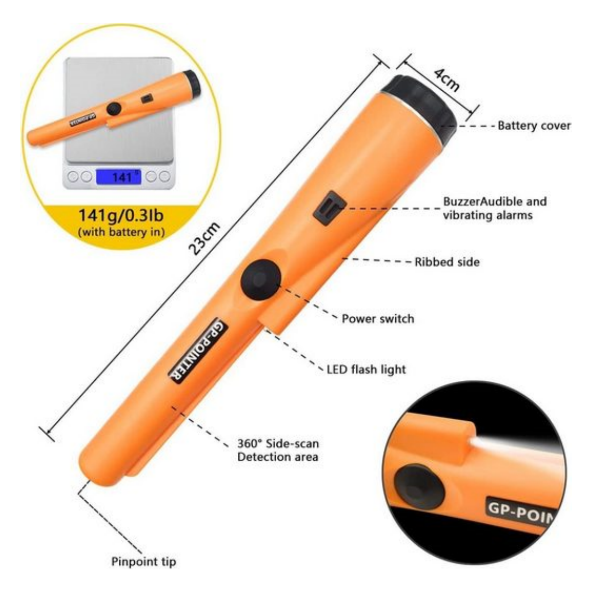 Ein orangefarbener Metalldetektor mit Maßen. Hat einen Ein-/Ausschalter und eine LED-Taschenlampe.