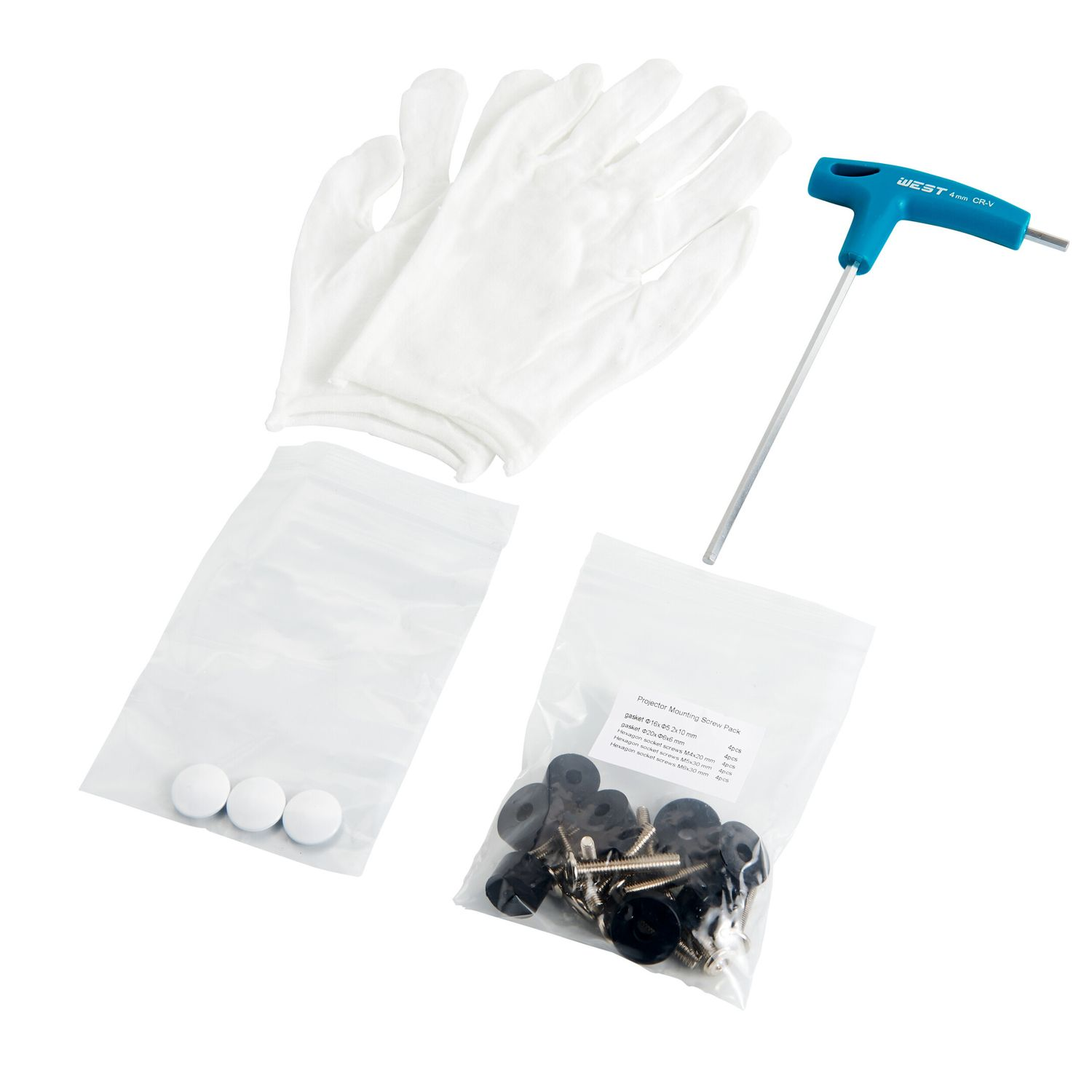 Ein Set aus weißen Handschuhen, Schrauben, einem blauen Schraubenschlüssel und Ausrüstung auf weißem Untergrund.
