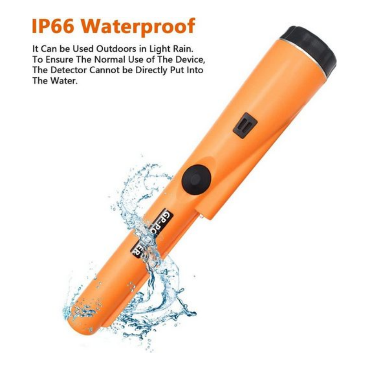 Ein orangefarbener Metalldetektor mit Wasserspritzern, Text überlagert.