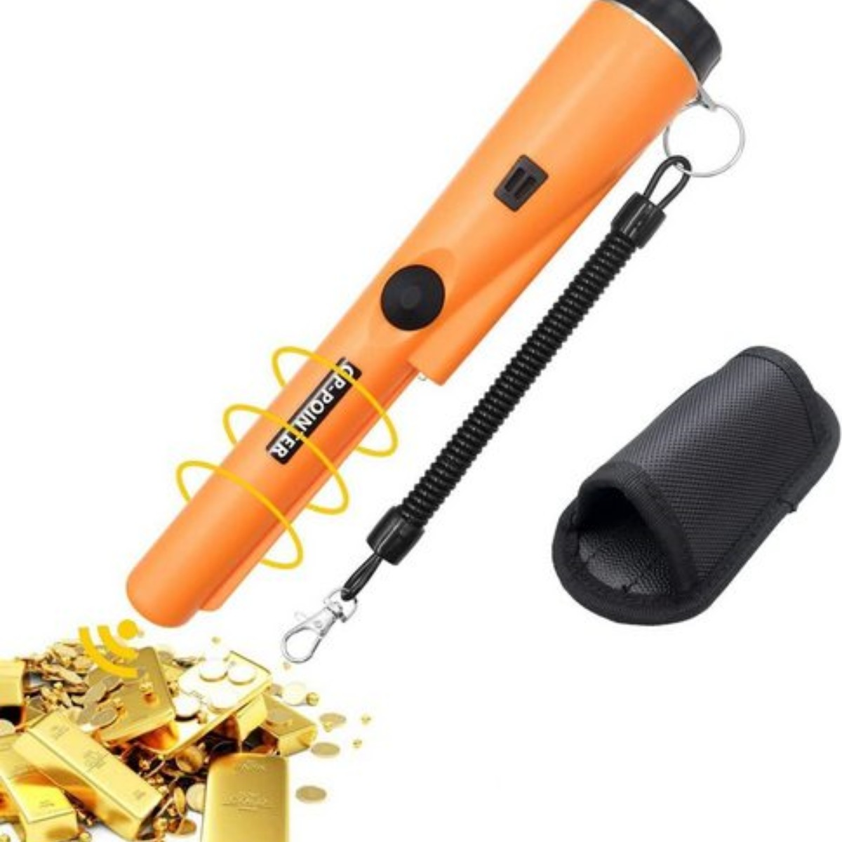 Orangener Metalldetektor mit schwarzem Griff und Spule, mit Goldbarren darunter.