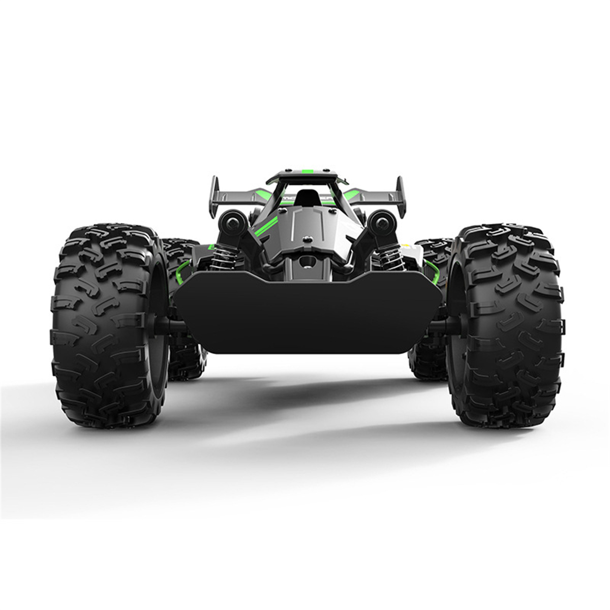 Ein schwarzes Spielzeug-Offroad-Auto mit großen Reifen, von vorne vor weißem Hintergrund gesehen.