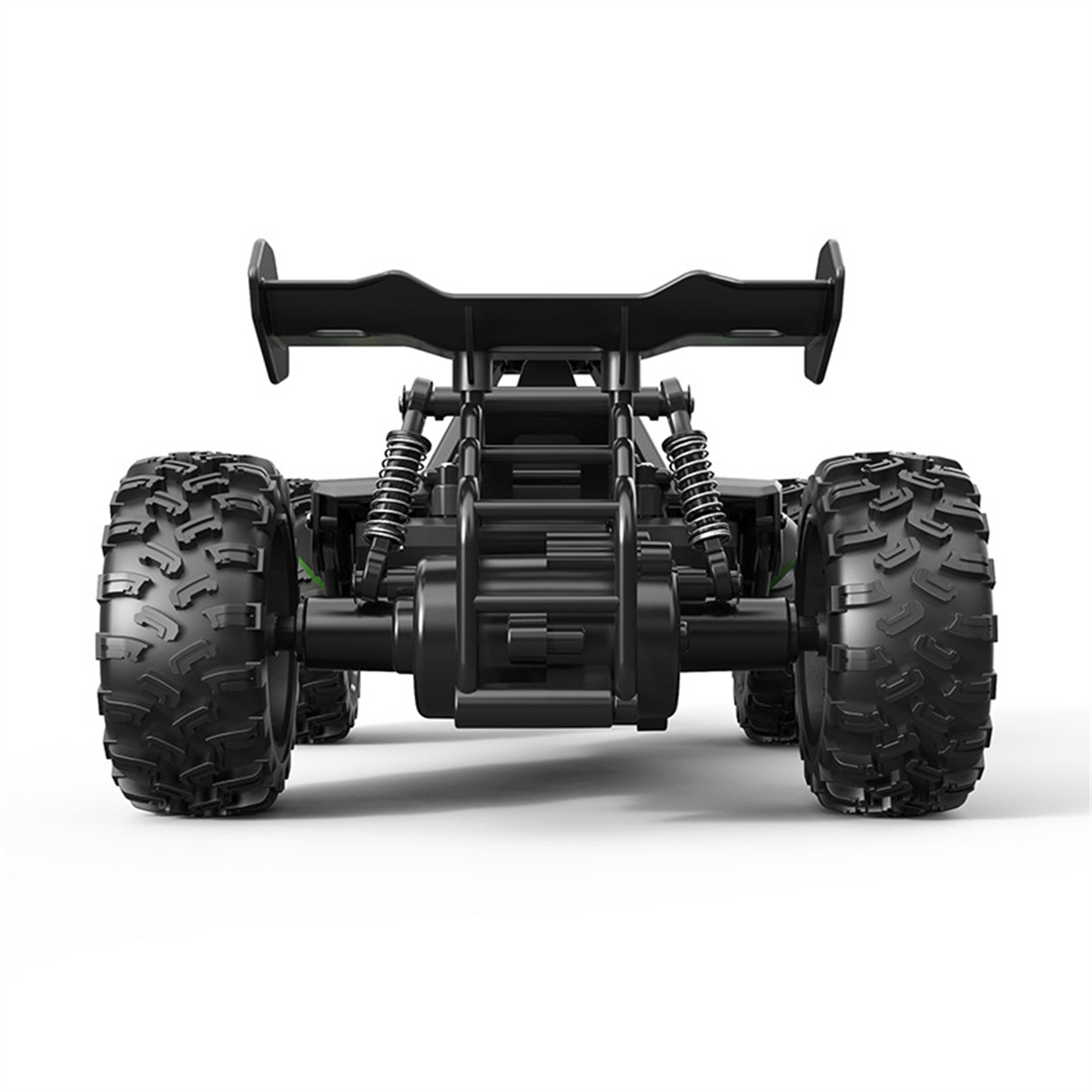 Schwarzes ferngesteuertes Spielzeugauto mit großen Reifen und Heckspoiler.