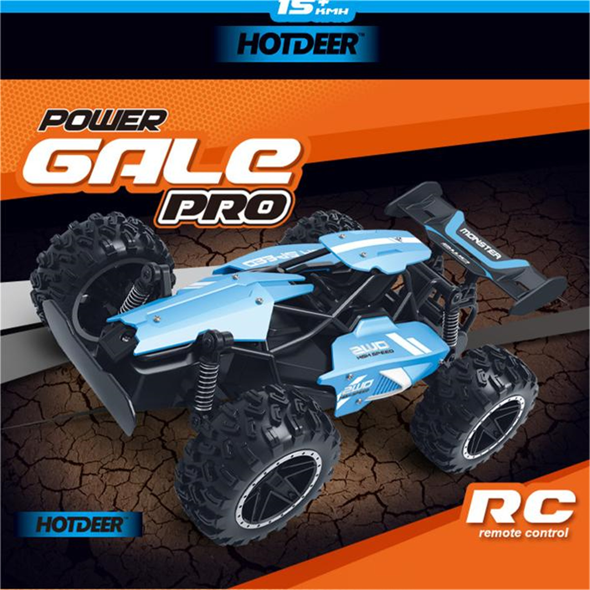Blaues und schwarzes ferngesteuertes Auto, mit Text 'GALE PRO' und 'HOTDEER' auf blauem Hintergrund.