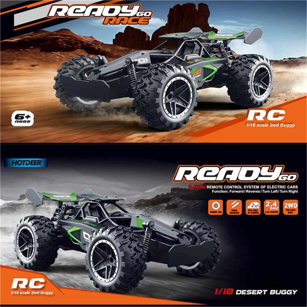 Zwei RC-Buggy-Spielzeuge. Oben: schwarzer Buggy mit grünen Akzenten. Unten: schwarzer Buggy mit grünen Akzenten.