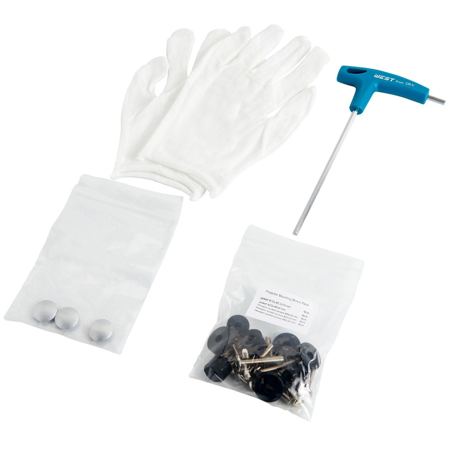 Zubehör für einen Projektor: Handschuhe, Schrauben und ein Inbusschlüssel.