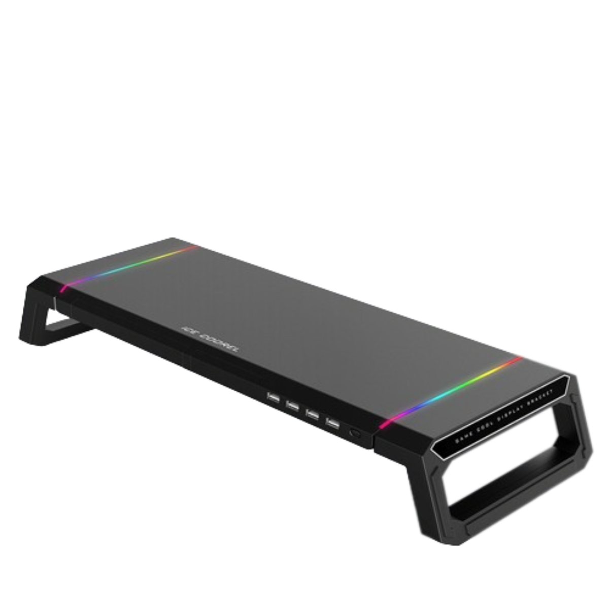 Schwarzer Monitorständer mit RGB-Beleuchtung. Hat USB-Anschlüsse. Die Oberfläche ist grau, besteht aus Kunststoff.