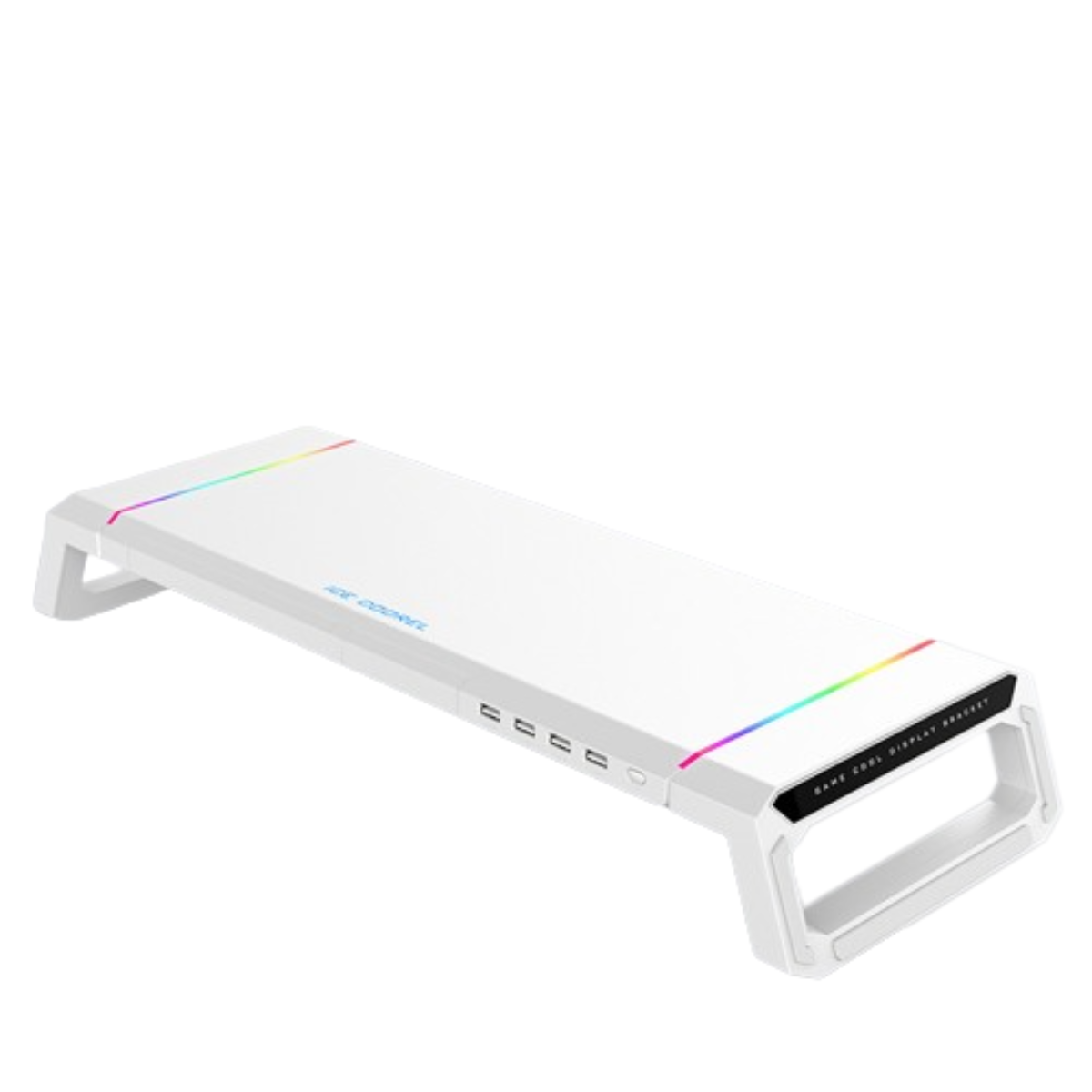 Weißer Monitorständer mit USB-Anschlüssen und farbigen LED-Leuchten.