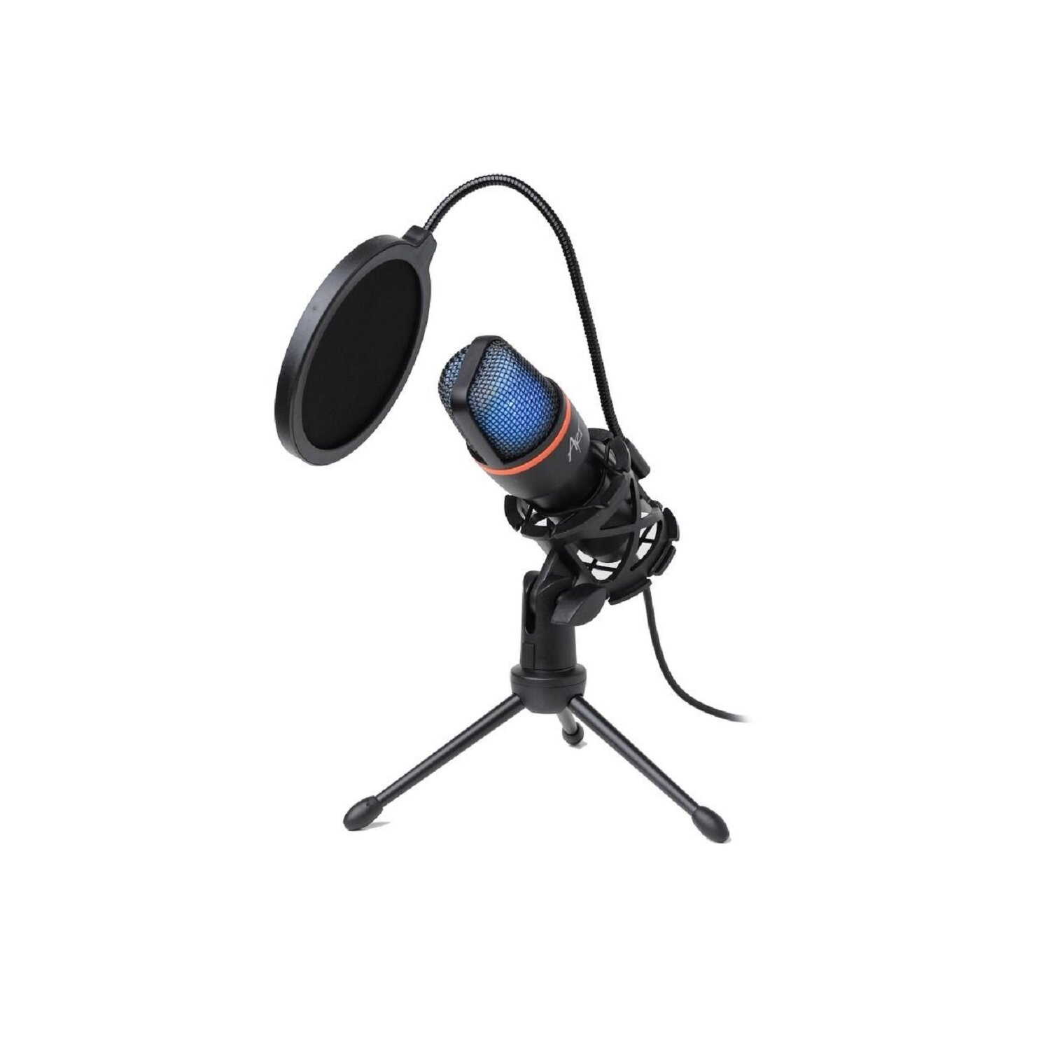 Ein schwarzes Mikrofon mit blauem Gitter und Pop-Filter auf einem Stativ vor weißem Hintergrund.