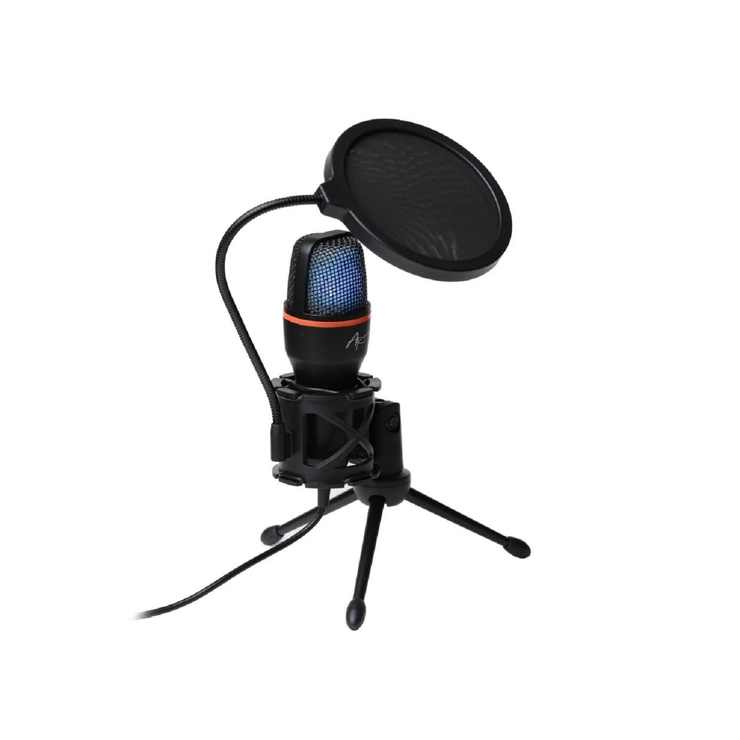 Ein Mikrofon mit Pop-Filter und Ständer. Das Mikrofon ist schwarz und orange mit blauem Netz.