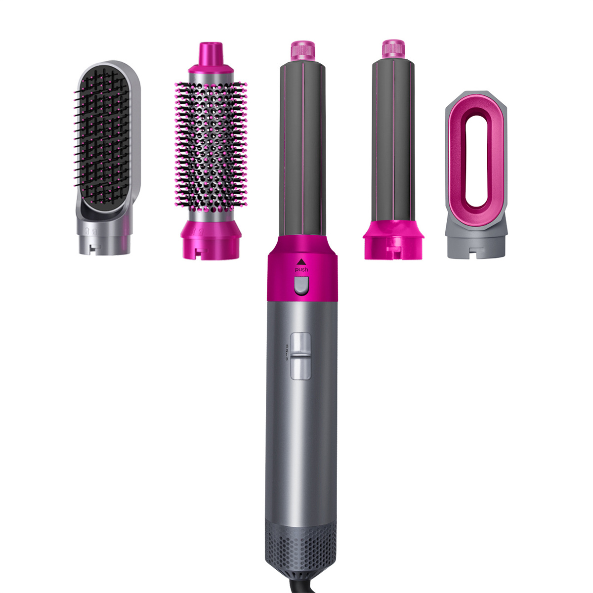 Haarstyler mit mehreren Aufsätzen, silber und rosa, mit Bürsten und Lockenaufsätzen.