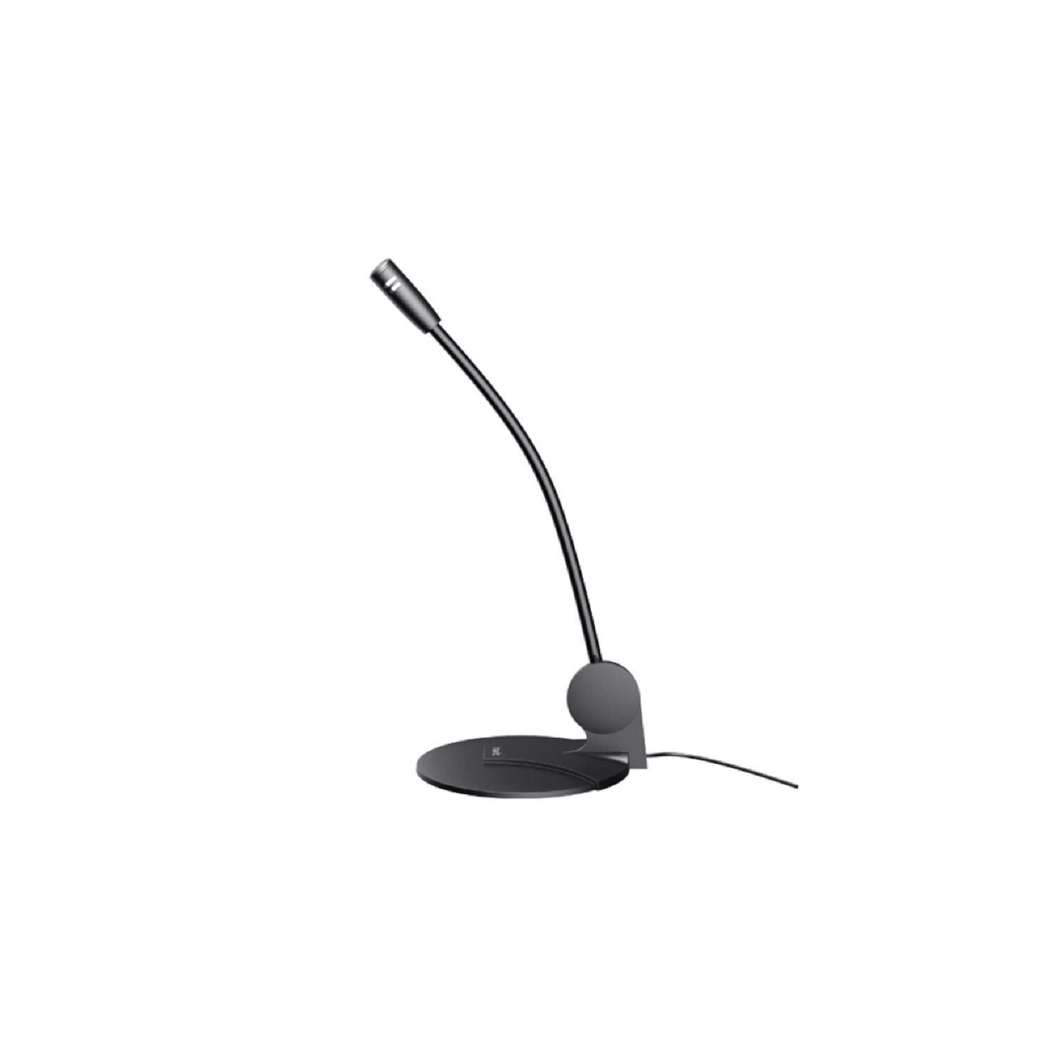 Ein schwarzes Schwanenhalsmikrofon auf rundem Sockel mit Kabel.