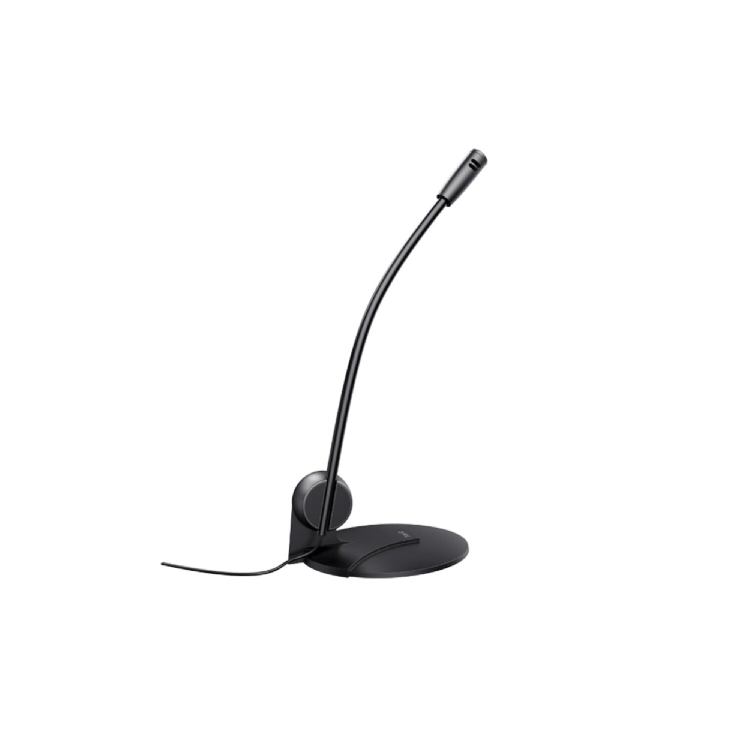 Schwarzes Mikrofon auf einem Ständer mit gebogenem Hals. Der Ständer ist rund, mit Fuß und Kabel.