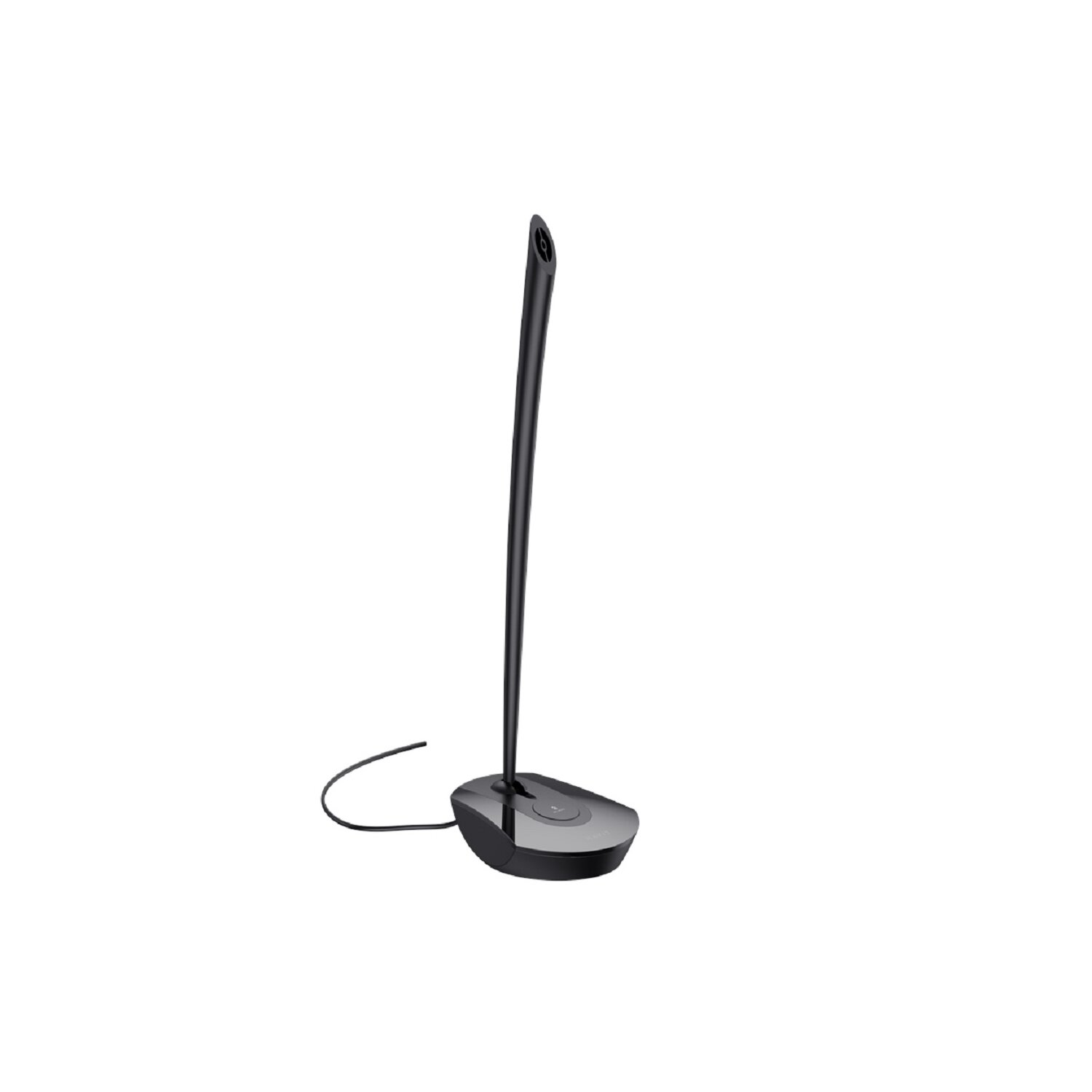 Eine schwarze, elegante Schreibtischlampe mit langem, gebogenem Hals und rundem Fuß, auf einem Tisch platziert.