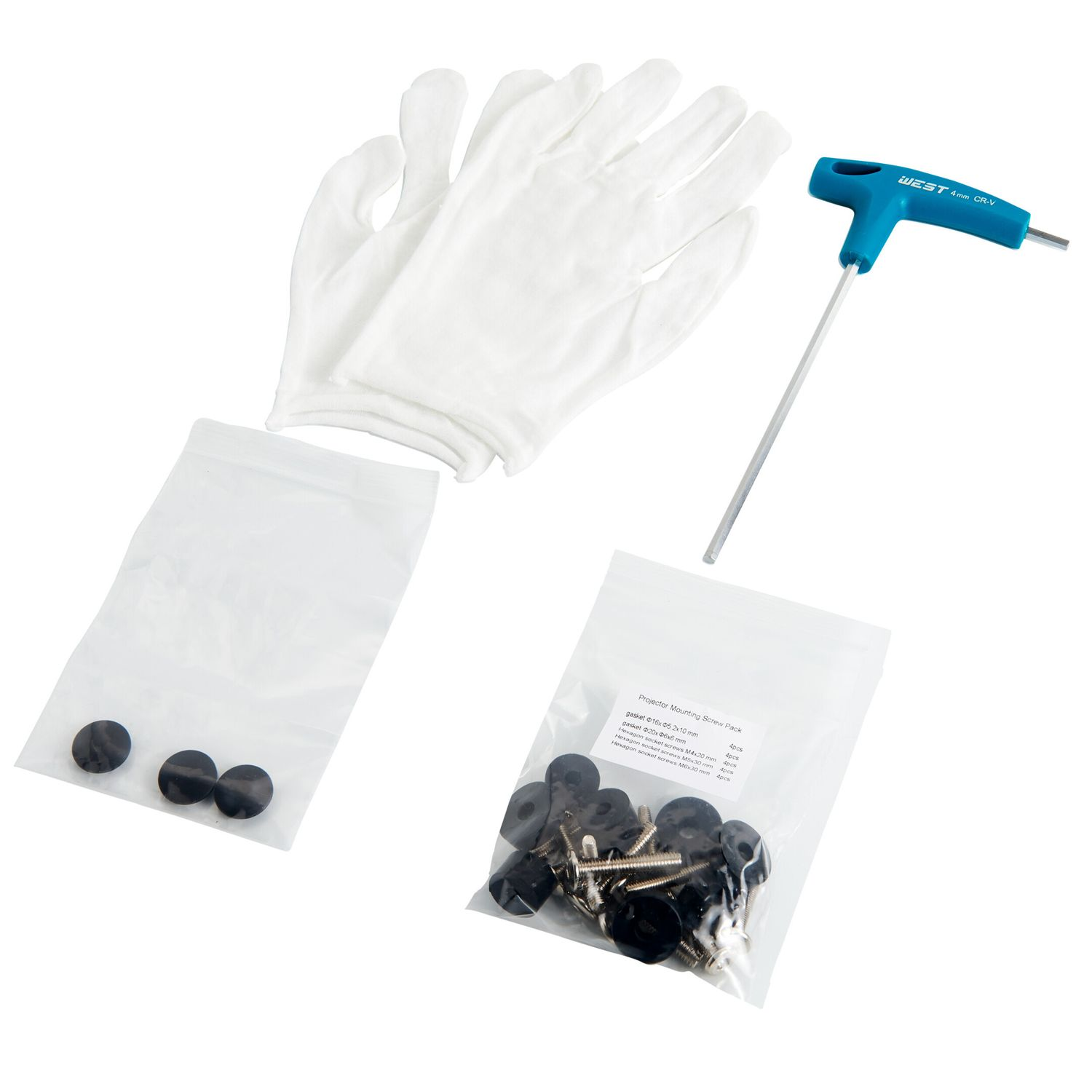 Ein weißer Handschuh, Schrauben und ein blauer Innensechskantschlüssel und schwarze Bolzen auf weißem Hintergrund.